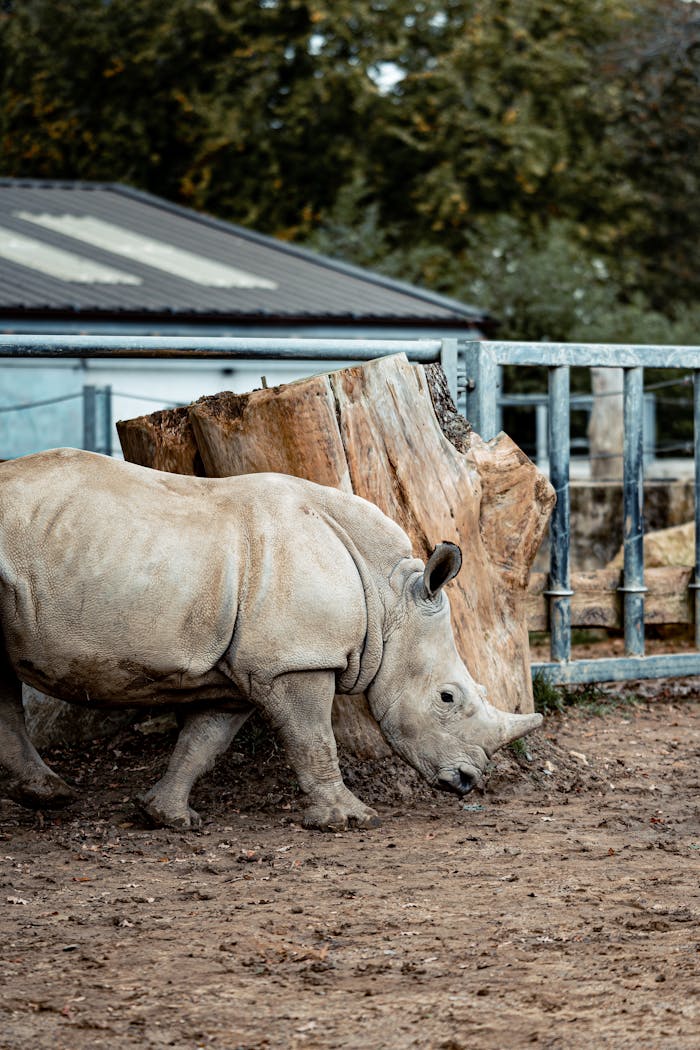 gallery-01 A white rhinoceros walks near a tree trunk in a zoo enclosure, showcasing its massive size.